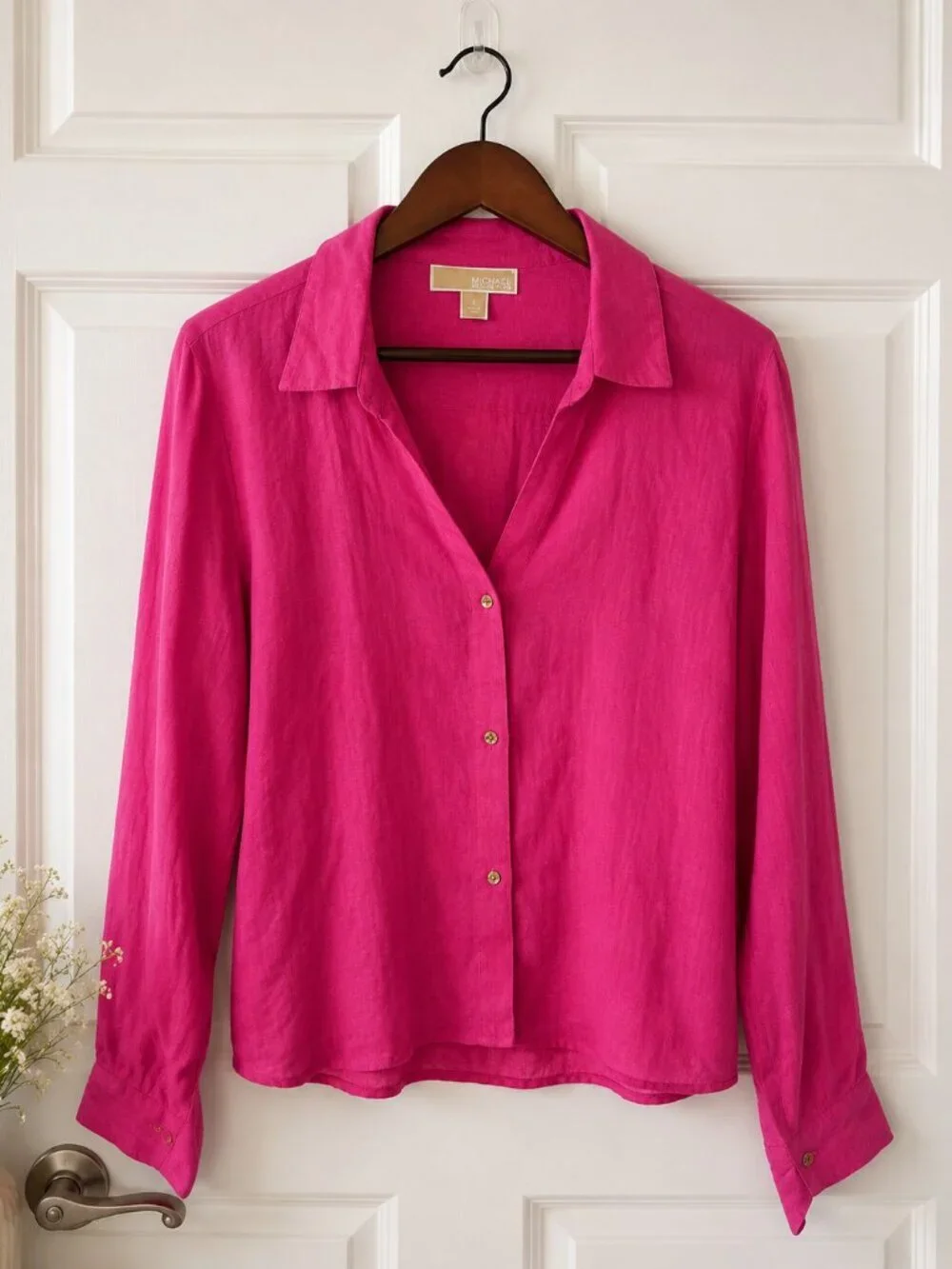 Michael Kors Pink Linen Blend Button Front Shirt Coastal Resort Womens